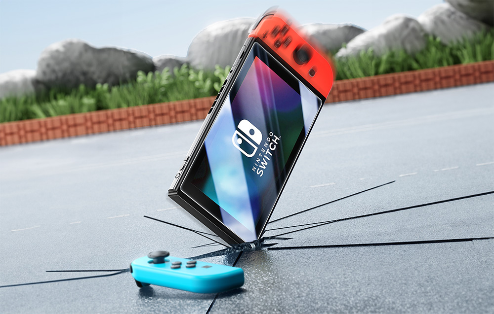 Nintendo Switch with Baseus tempered glass showing crystal clear screen
