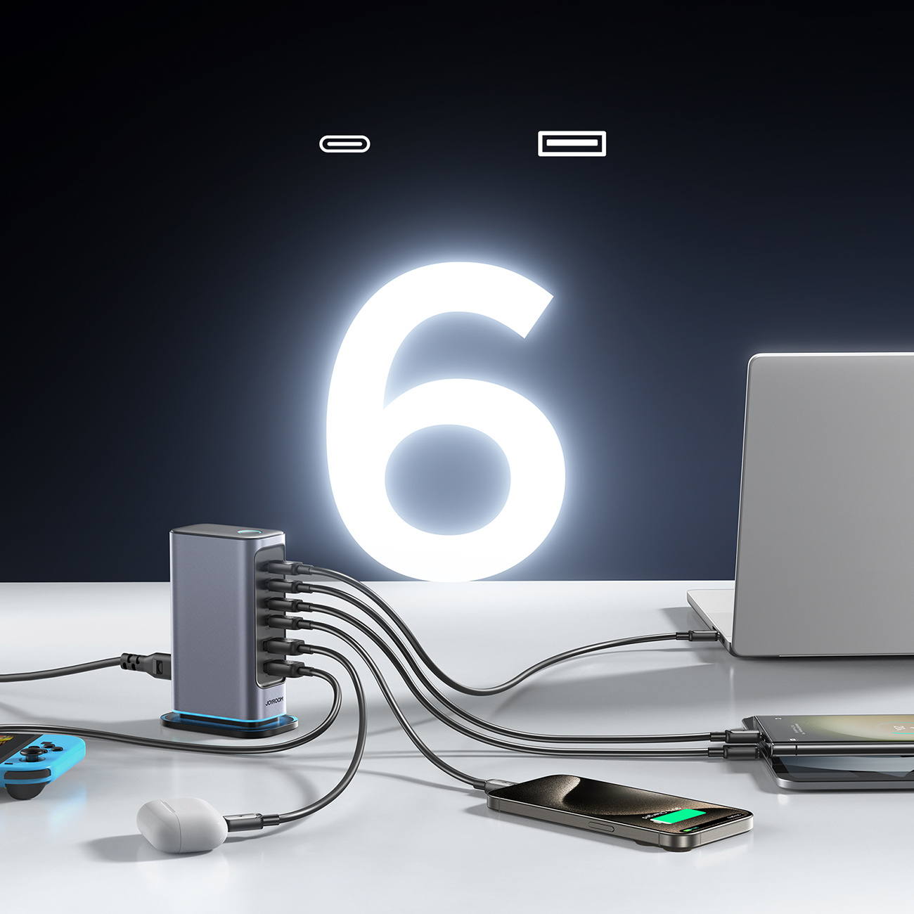 6 Devices connected to charge the Joyroom JR-TCM02 multi-port charger