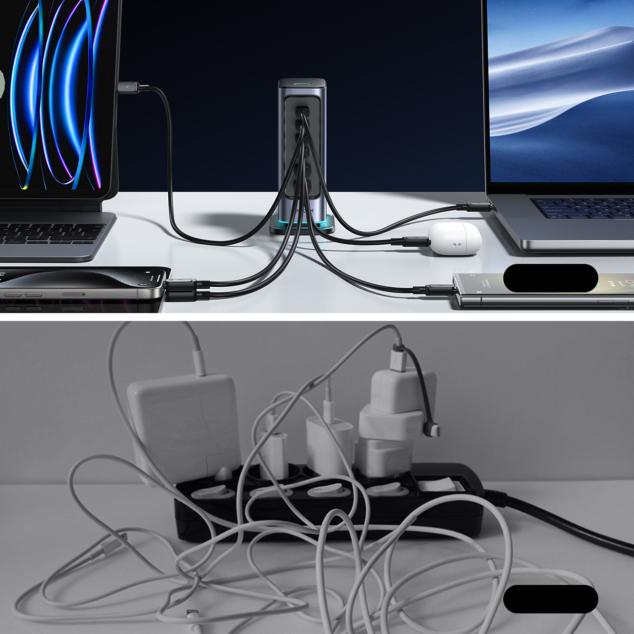 Comparison of cable organization on the desk using the Joyroom JR-TCM02 multi-port charger and regular wall chargers