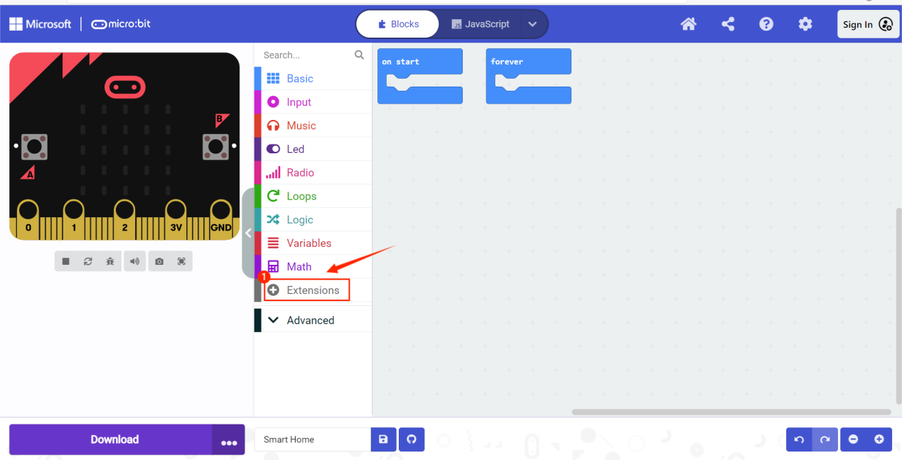 MakeCode interface showing Extensions button
