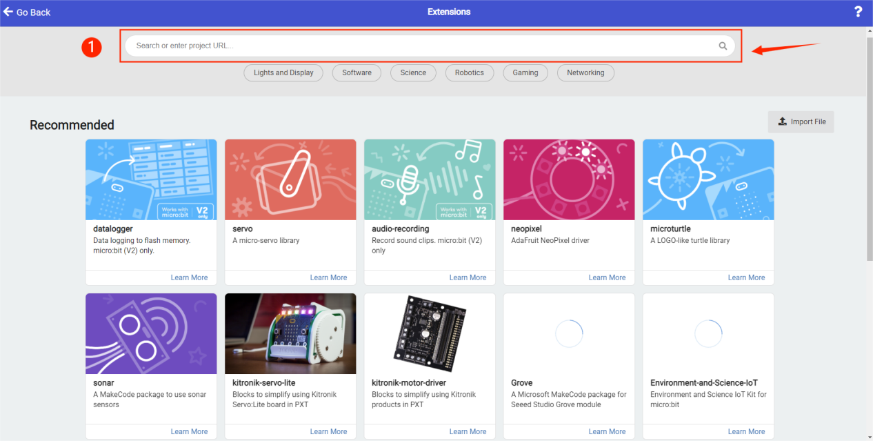 Paste extension URL into MakeCode search