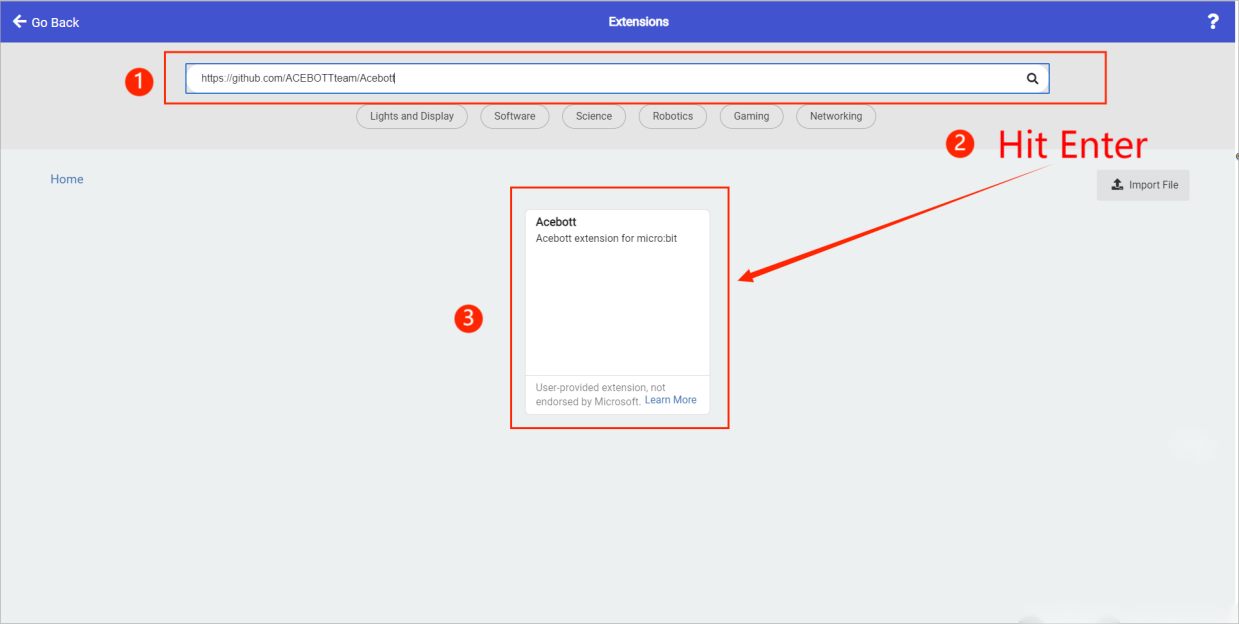 ACEBOTT extension found in MakeCode