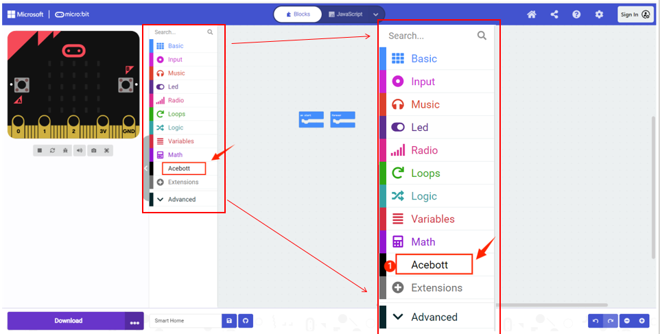ACEBOTT extension block category visible in MakeCode