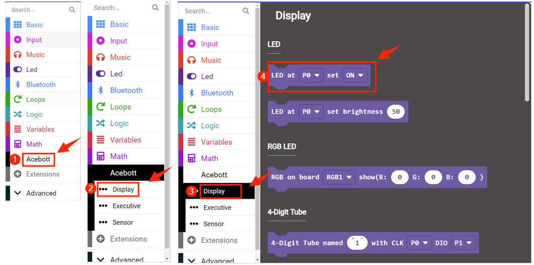 Selecting LED blocks in MakeCode