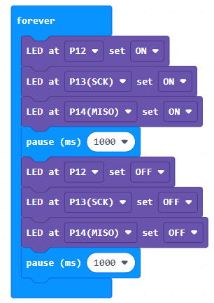 MakeCode program for blinking three LEDs