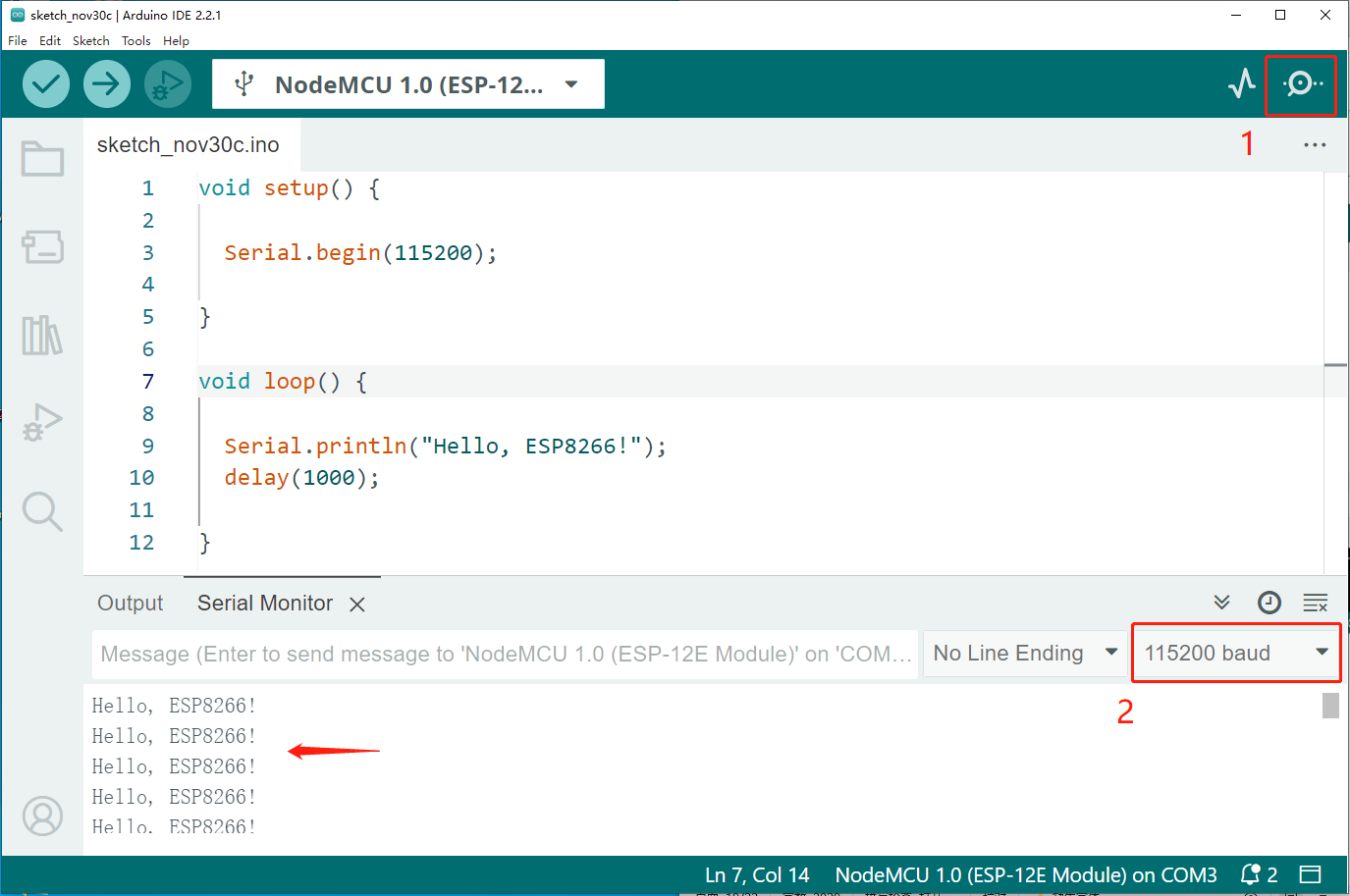 Serial monitor showing Hello, ESP8266 output (view 2)