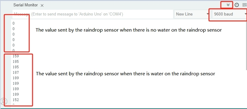 Serial monitor readings without water on the raindrop sensor