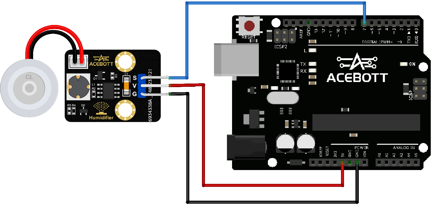 Humidifier module to Arduino UNO wiring diagram (VCC→5V, GND→GND, S→D7)