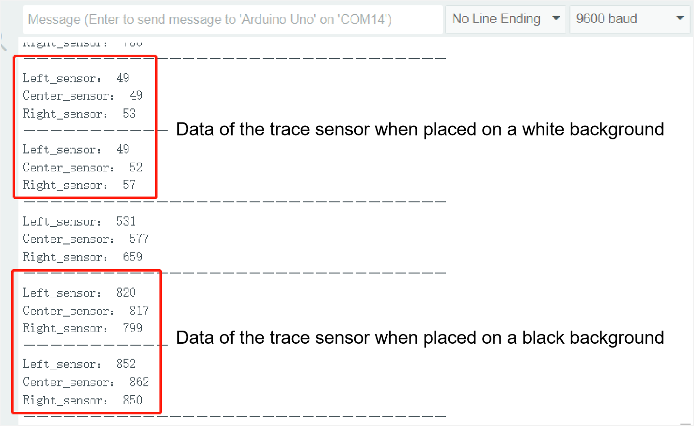 Serial output result with sensor over white background