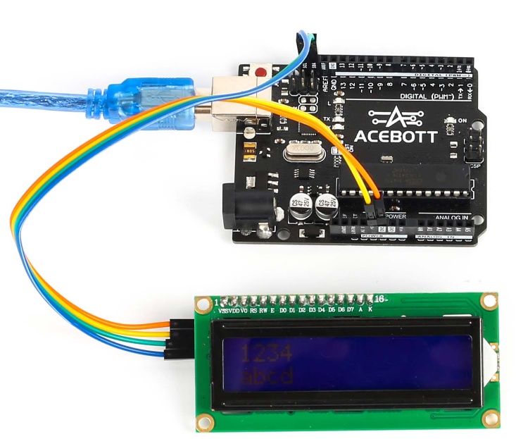 LCD1602 displaying HELLO on first line and ACEBOTT on second line