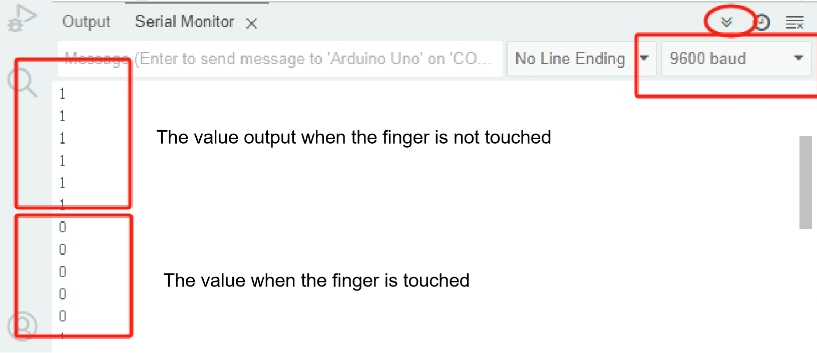 Serial monitor output showing no touch as 1