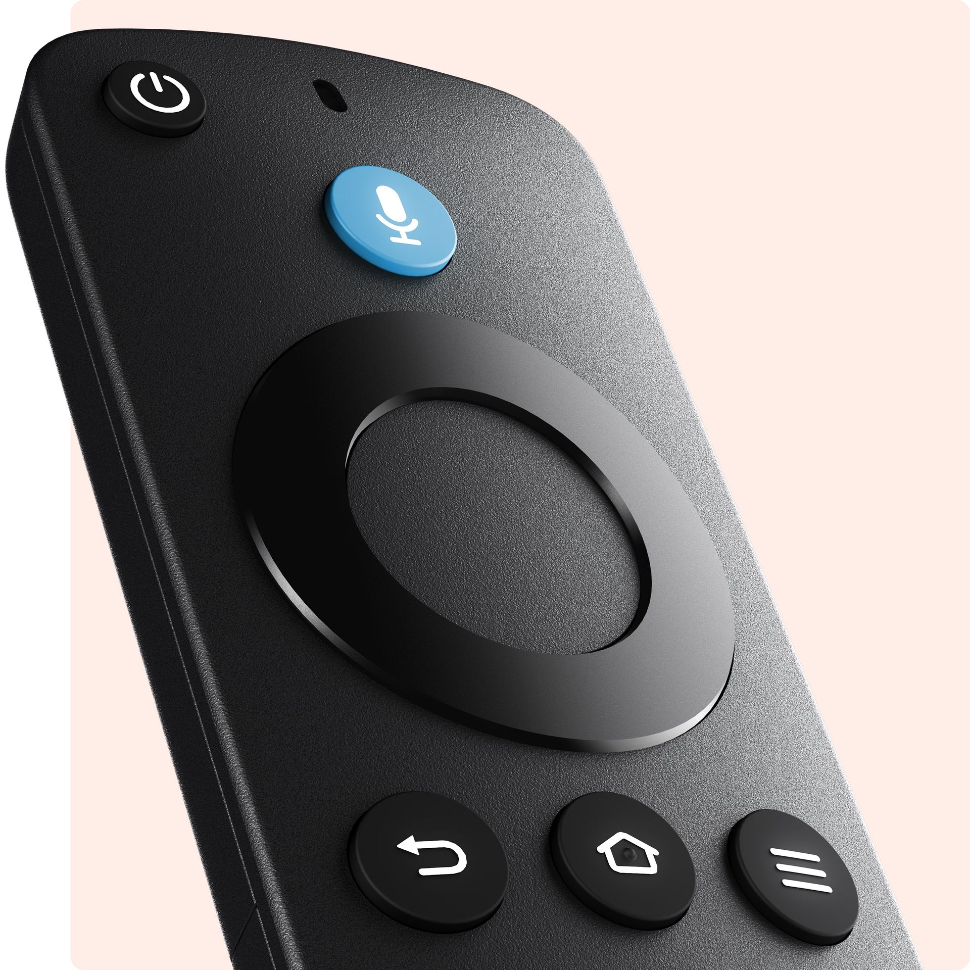 A large close up of the Alexa Voice Remote pops out of a pink background.