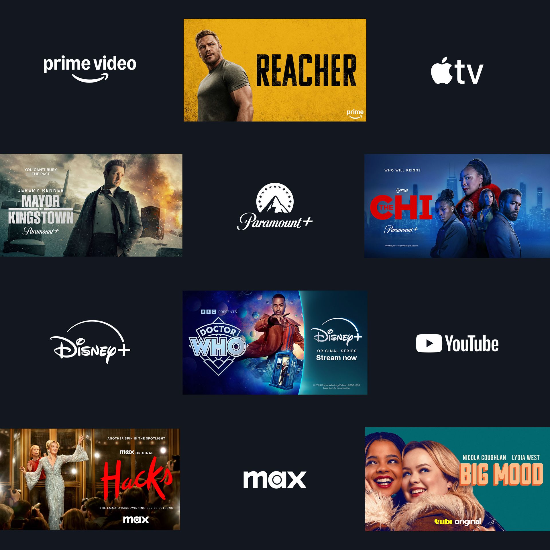 Checkerboard montage of scenes with streaming service logos