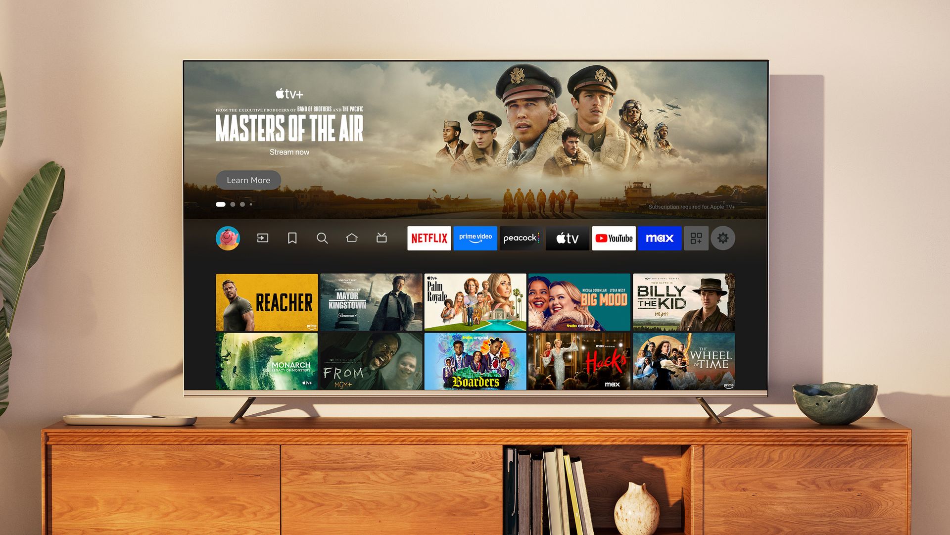 TV with Fire TV main menu, Masters of the Air highlighted