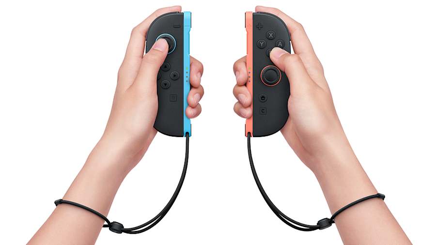 Joy-Con 2 (L) Light Blue and (R) Light Red with straps