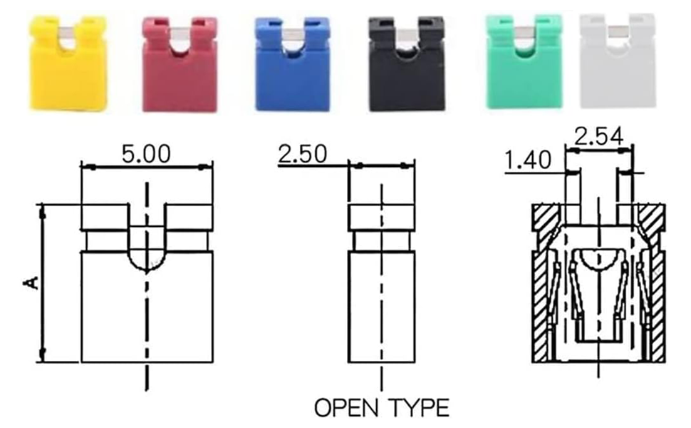 Assorted 2.54mm jumper caps in multiple colors