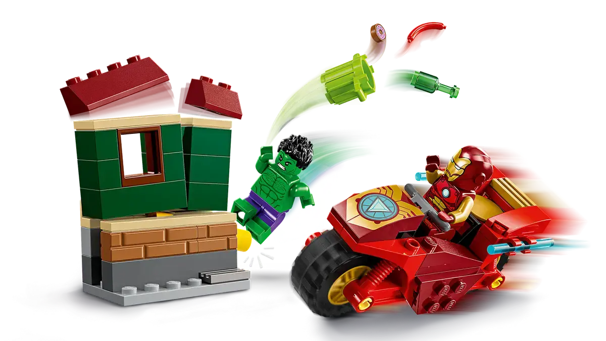 LEGO Marvel Iron Man and The Hulk set with motorcycle