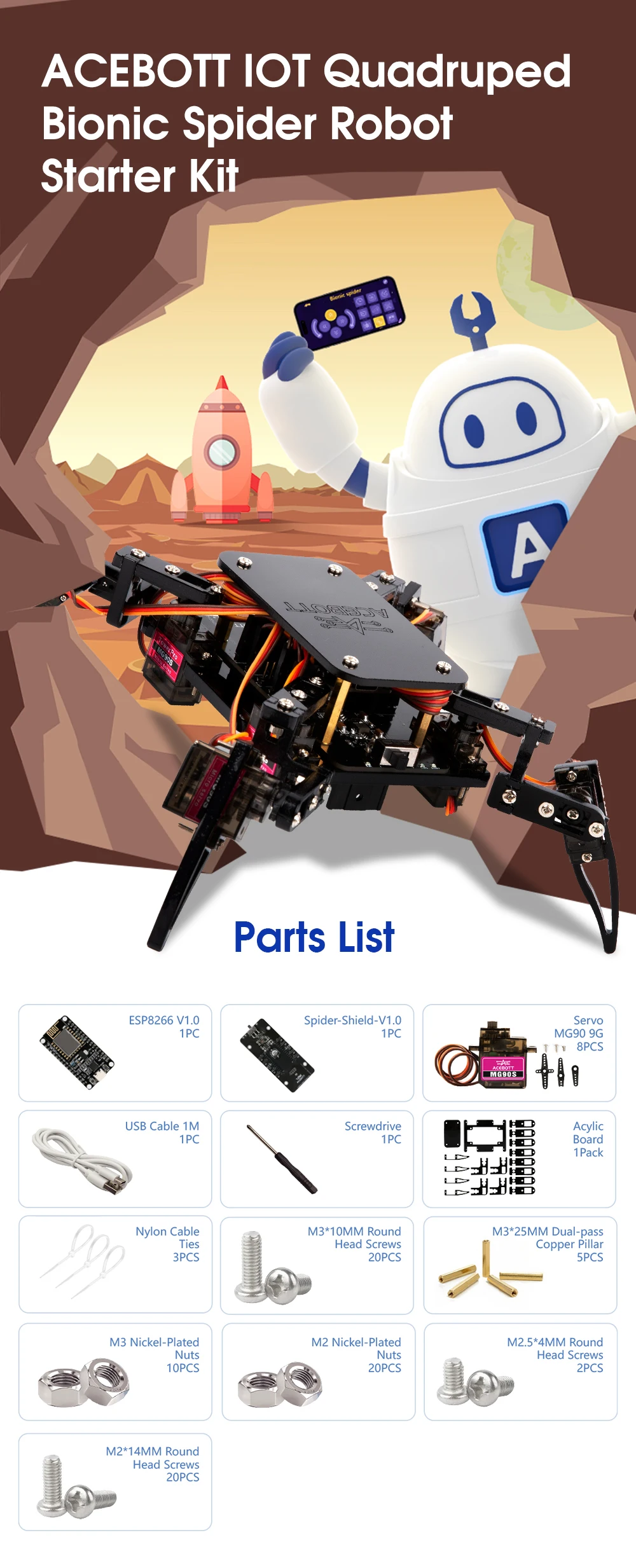 ACEBOTT quadruped spider robot—angled view