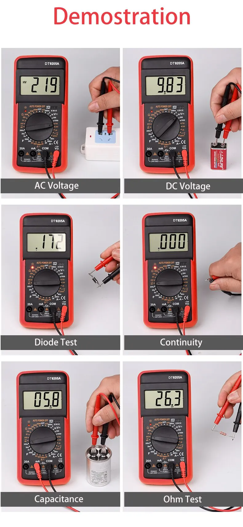DT9205A digital multimeter detailed view