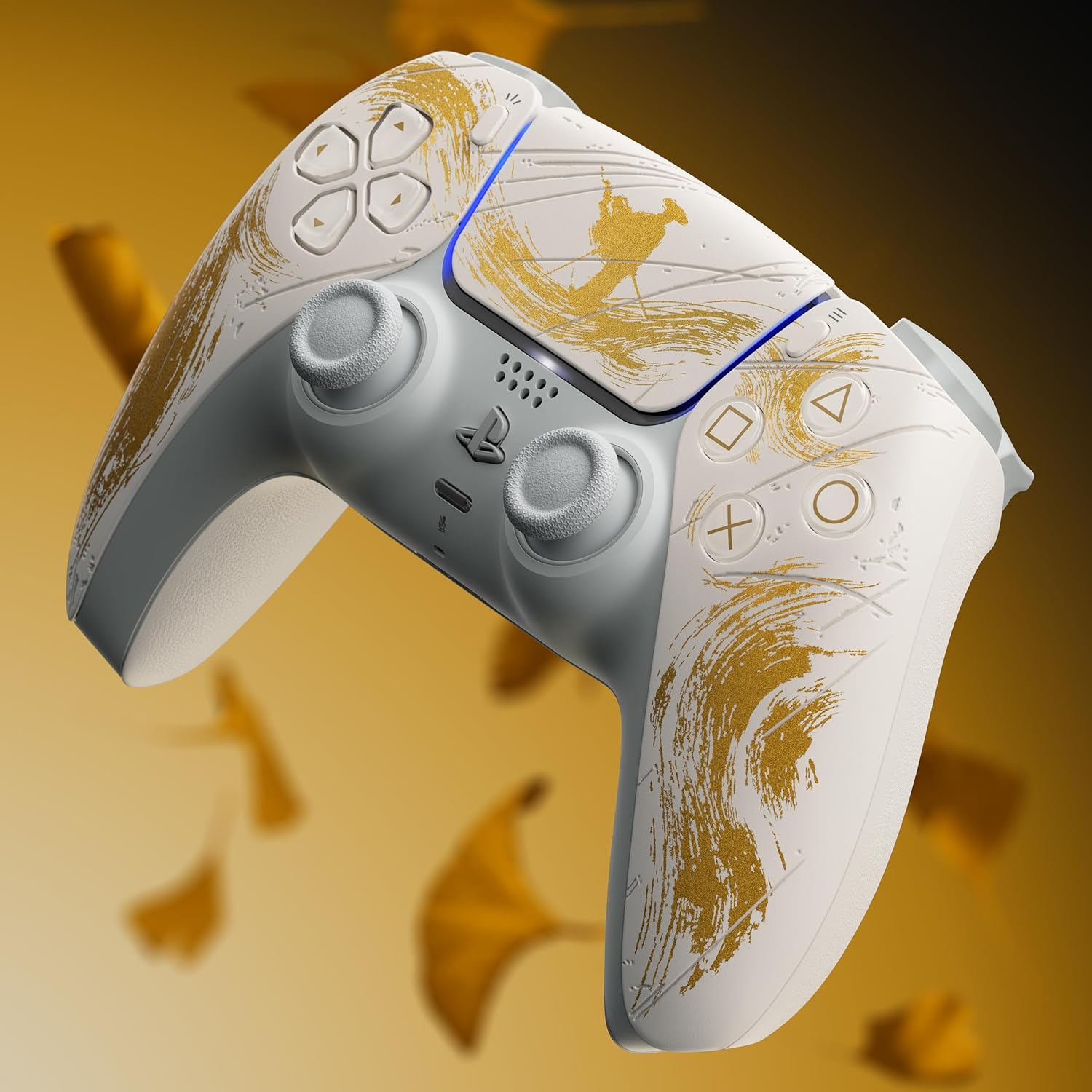 Side view of the Ghost of Yotei Gold DualSense controller