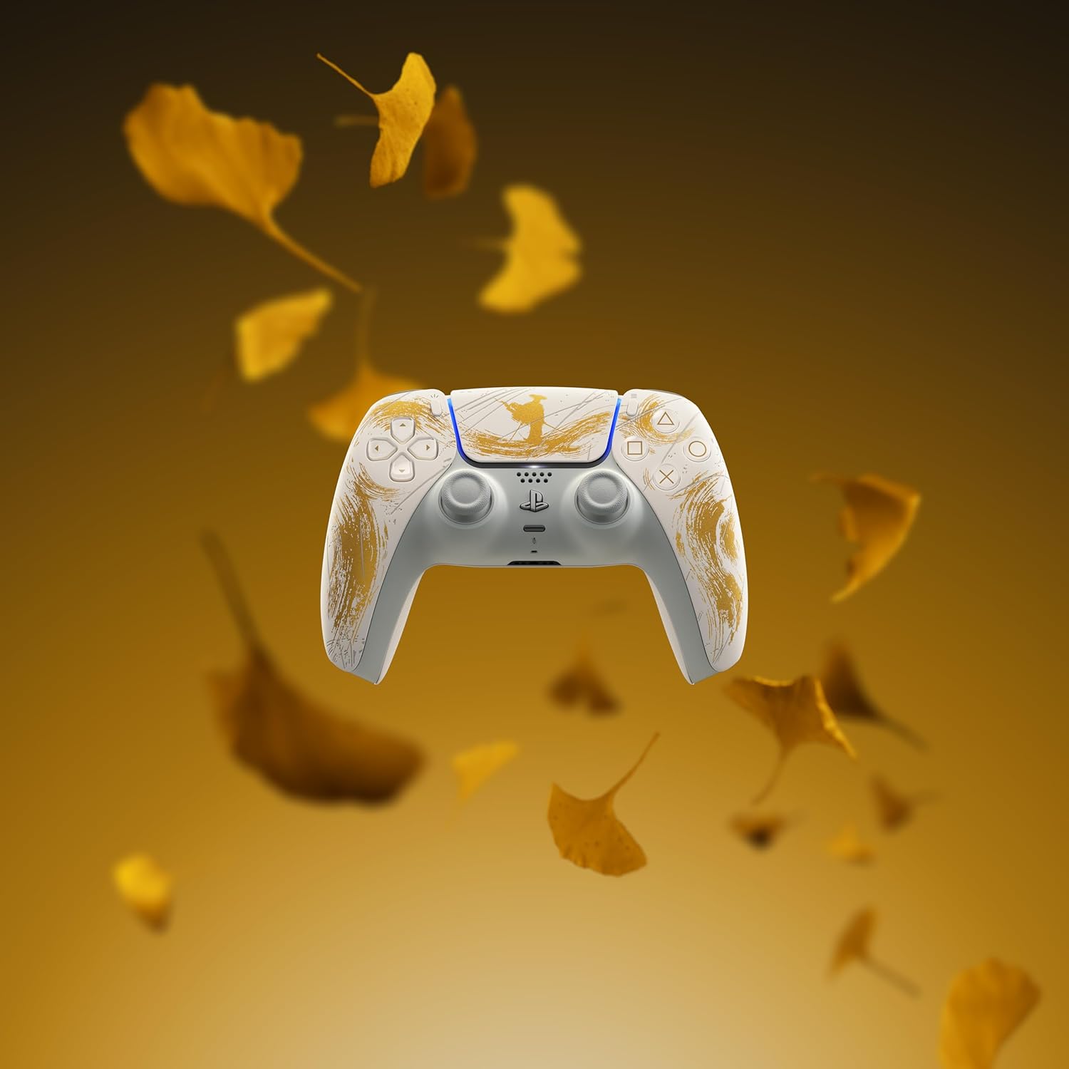 Front view of the Ghost of Yotei Gold DualSense controller