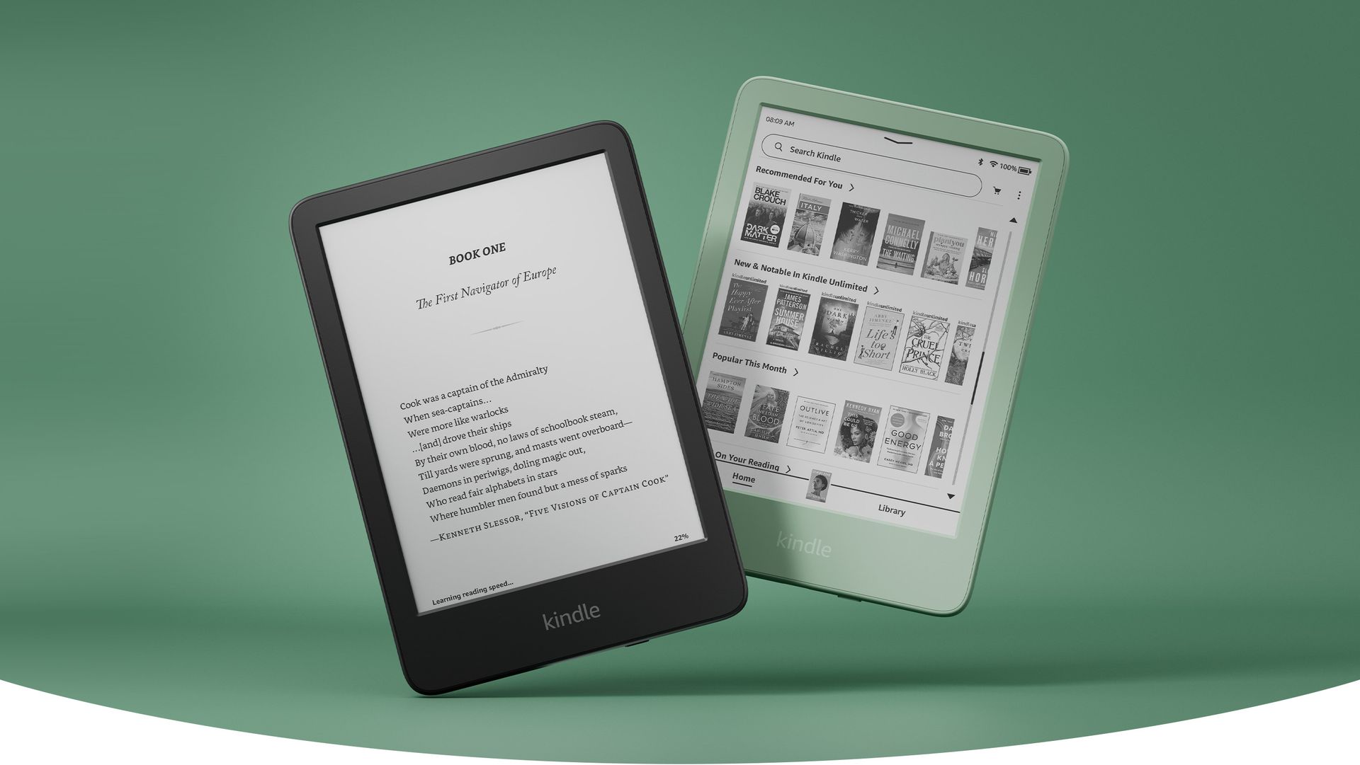 Black and matcha Kindles with a green background