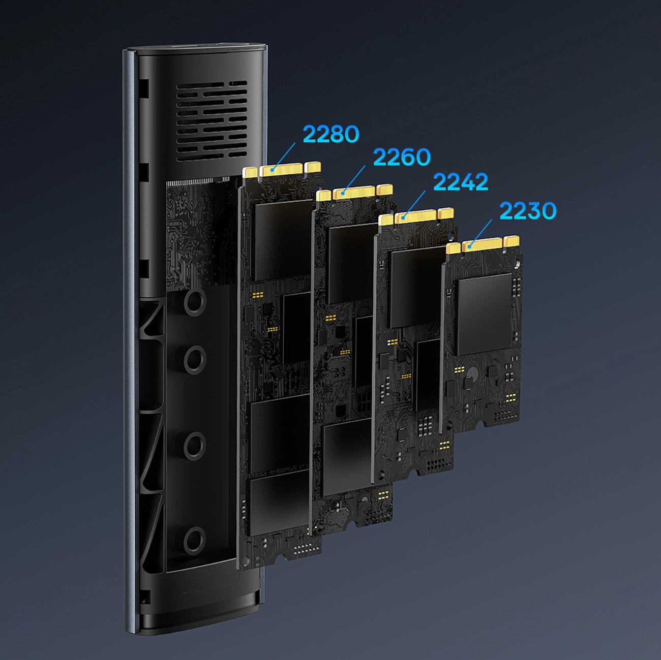 Baseus FlyJoy M.2 SSD open case with SSDs of various formats