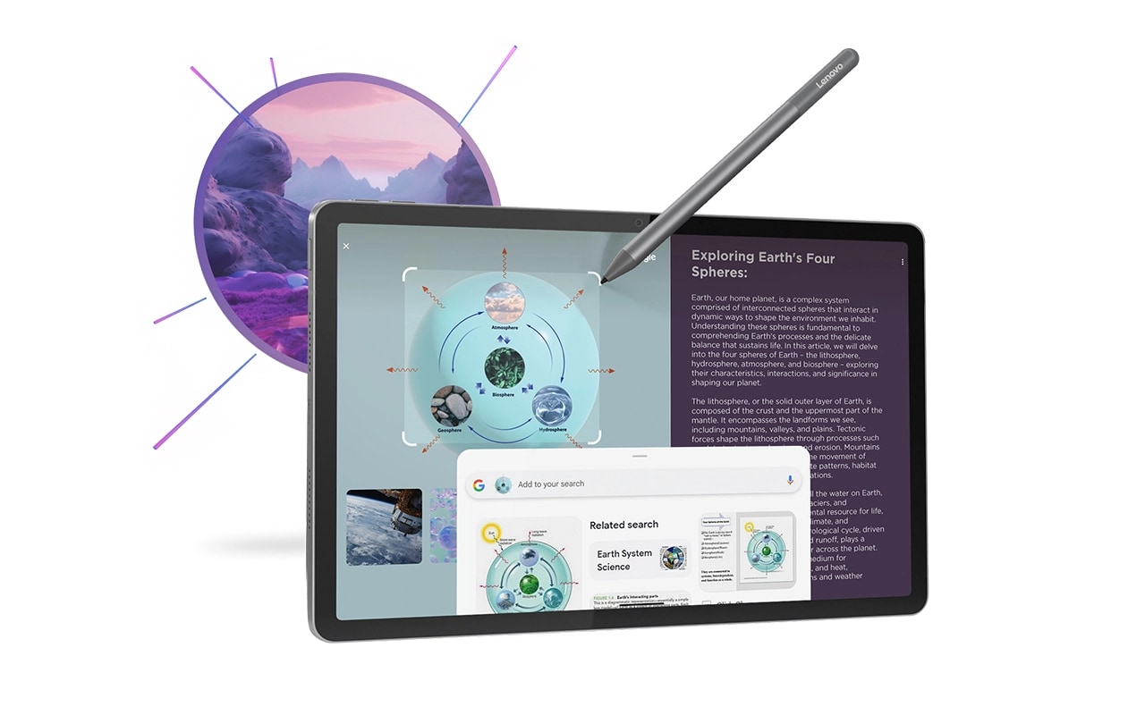 The Lenovo Idea Tab tablet and optional digital pen represent the Circle to Search feature, with a corresponding icon in the background.