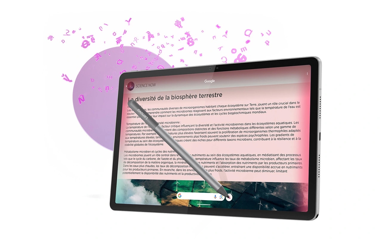 The Lenovo Idea Tab tablet and optional digital pen represent the Circle to Translate feature, with a corresponding icon in the background.