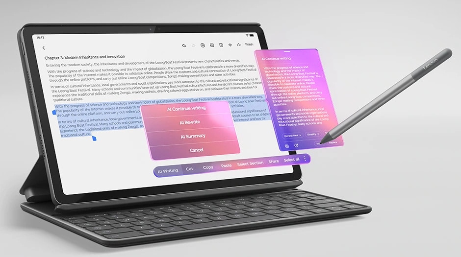 The Lenovo Idea Tab tablet mounted on an optional keyboard case with an optional pen illustrating AI writing tools.