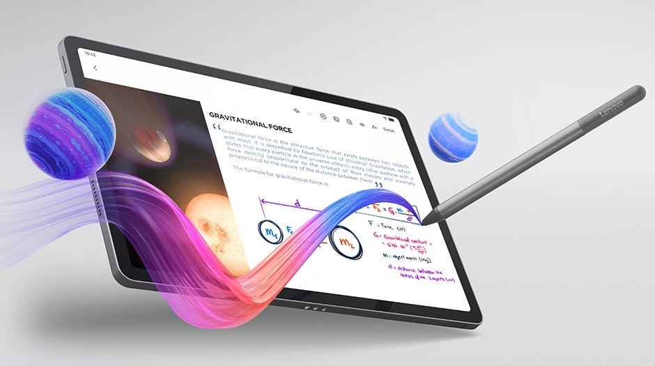 Angle view of the Lenovo Idea Tab tablet and optional digital pen illustrating note-taking features with a colored ribbon and two blue spheres in the foreground.