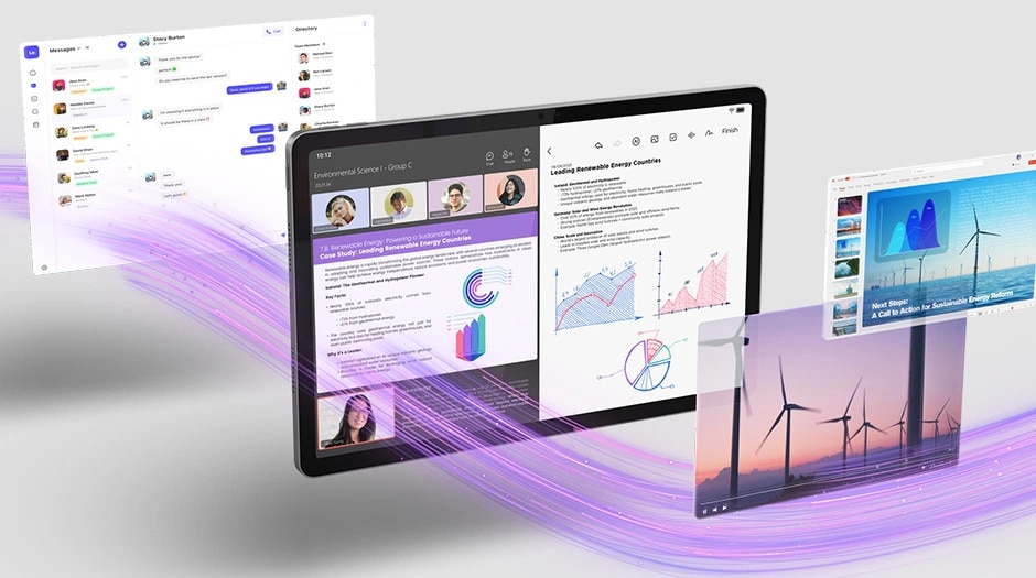 The Lenovo Idea Tab tablet surrounded by a purple ribbon and various windows illustrating its multitasking capabilities.