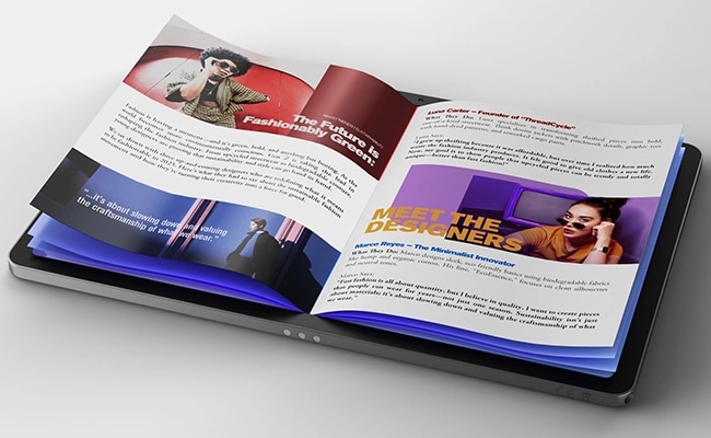 Paper pages emerge from the display of the Lenovo Idea Tab tablet.