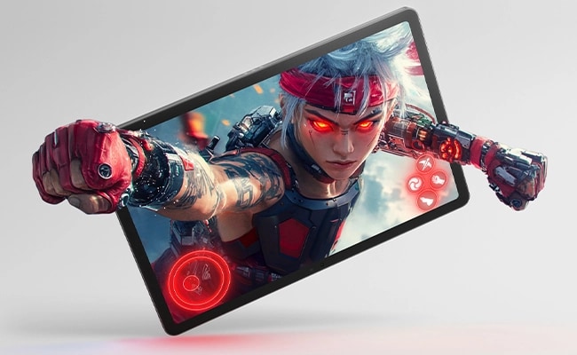 A warrior in a gaming scenario thrusts his fist from the display of the Lenovo Idea Tab tablet.
