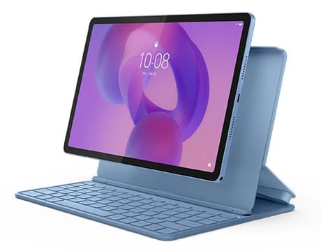 Angle view of the Lenovo Idea Tab tablet slightly detached from the keyboard folio case.