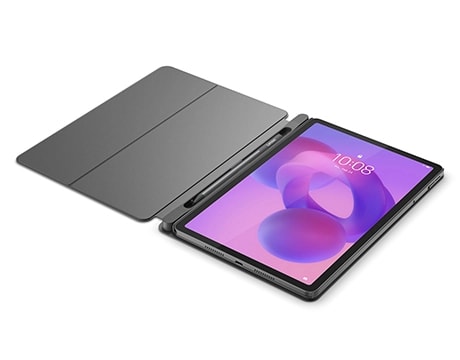 Angle view of the Lenovo Idea Tab tablet in an opened optional folio case with an optional digital pen in the case’s compartment.