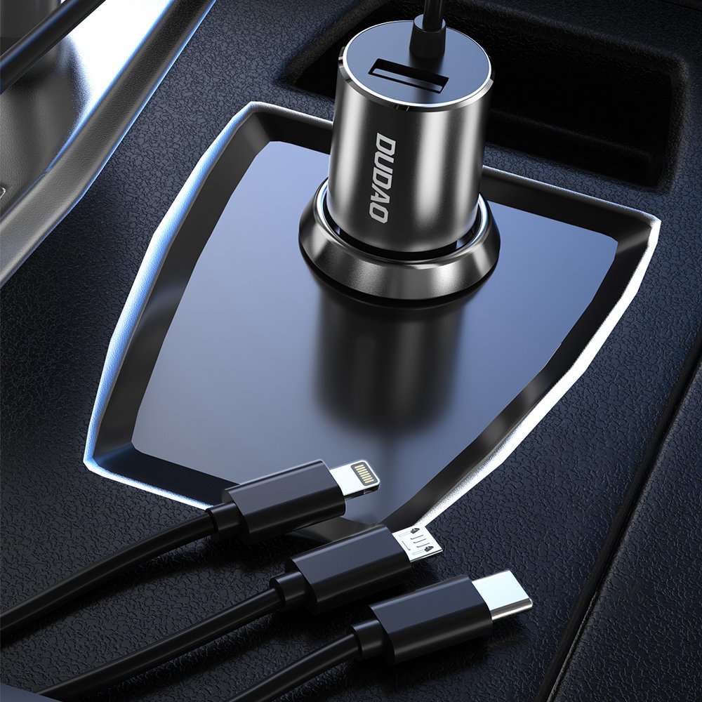 Dudao 3-in-1 USB car charger with built-in cables