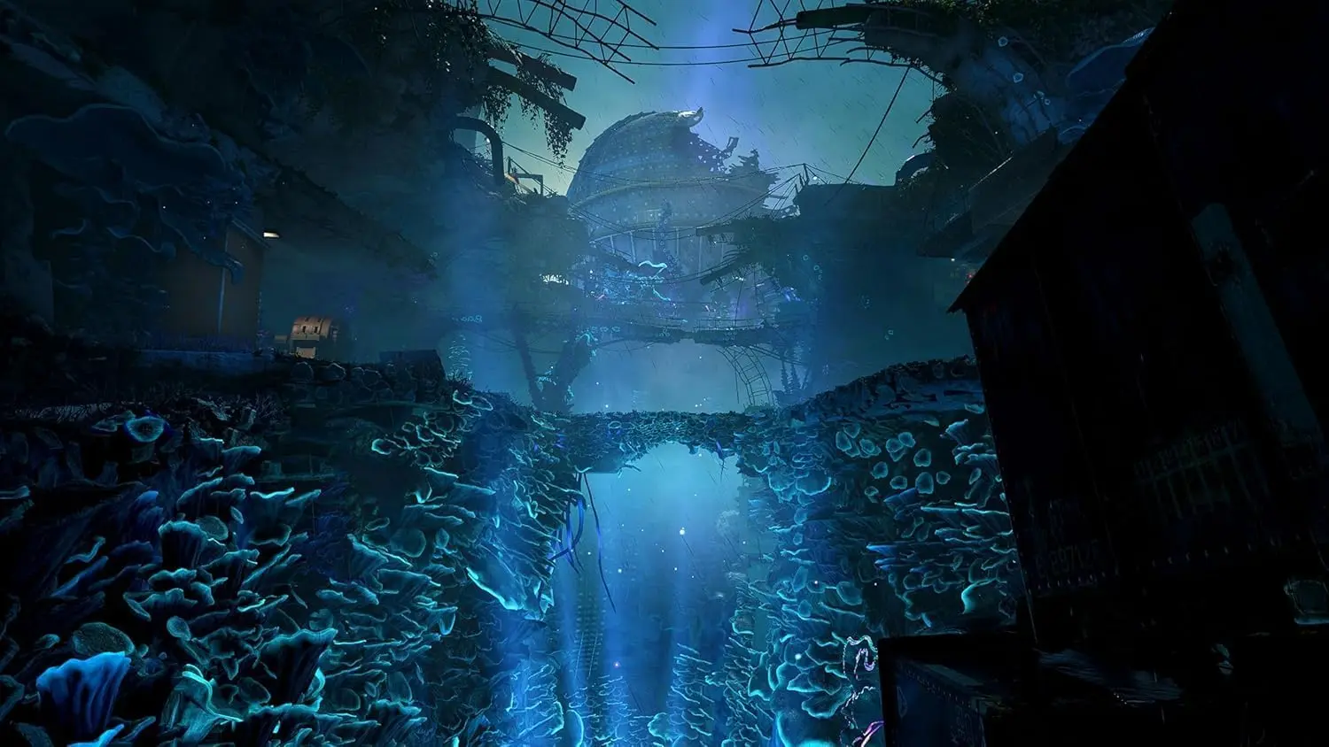 An armed industrial robot inside a dark research facility in Atomfall