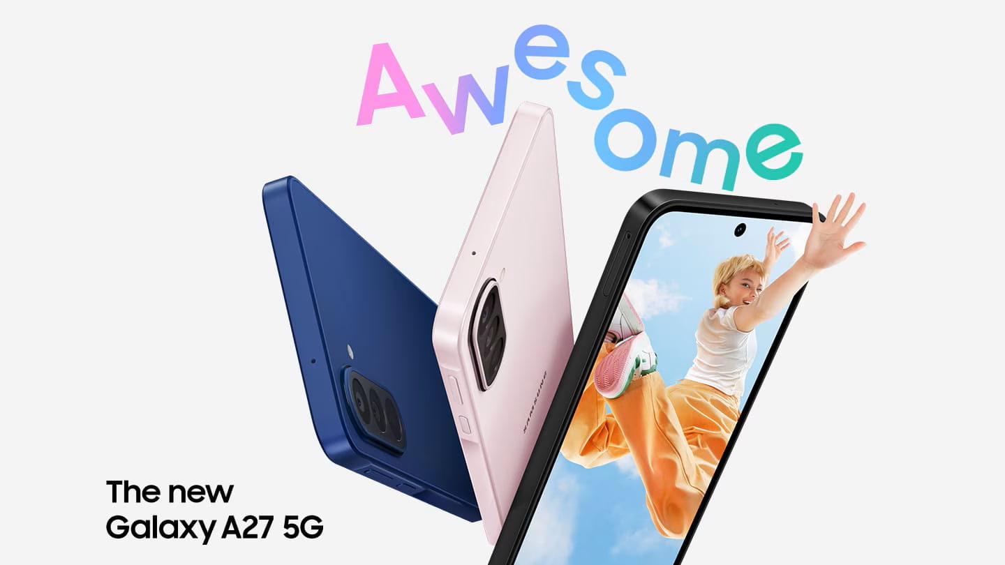Galaxy A27 5G smartphones shown in Blue, Light Green, Light Pink and Black