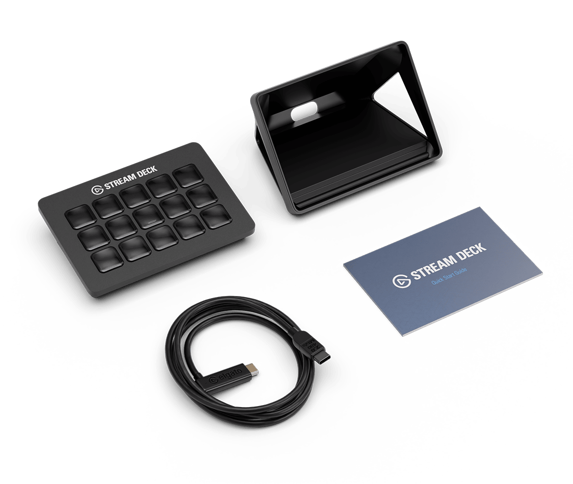 Elgato Stream Deck with desktop stand, USB-C cable and quick start guide