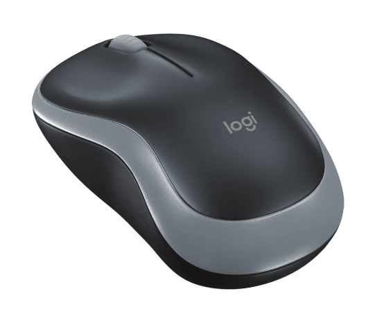 Angled view of Logitech M185 wireless mouse in grey