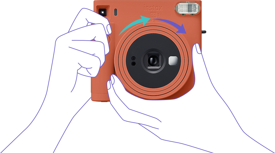 Diagram showing how to twist the INSTAX SQUARE SQ1 lens to turn on the camera and select Selfie Mode