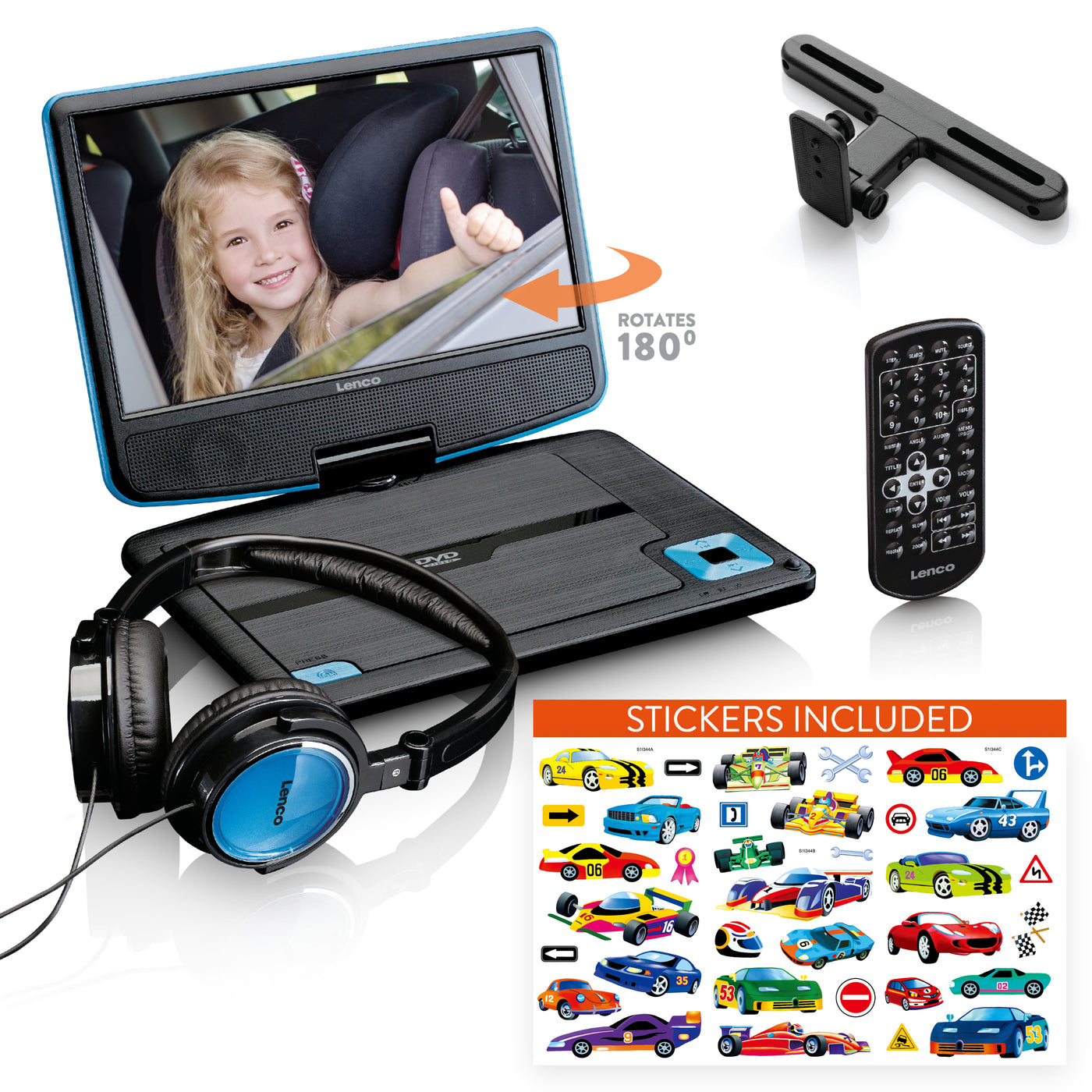 Lenco DVP-920BU portable 9 inch DVD player with headphones, remote control and car mounting bracket
