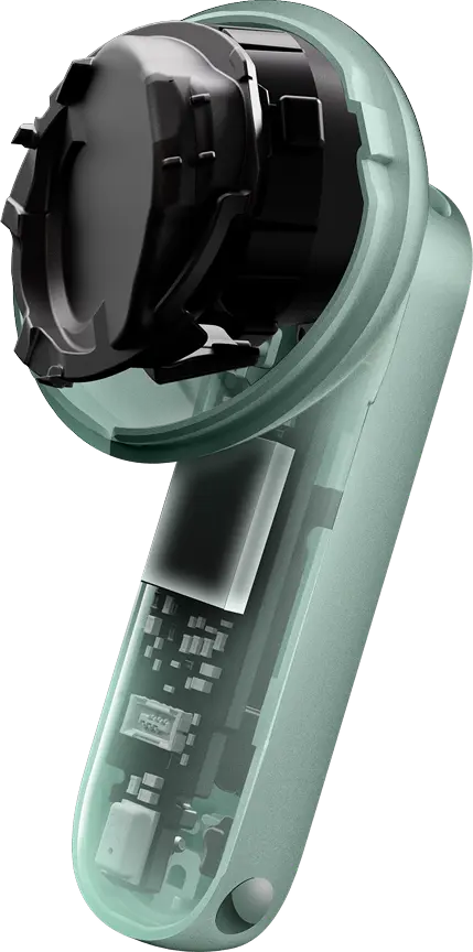 Internal construction of OnePlus Buds 4 showing dual-driver audio hardware