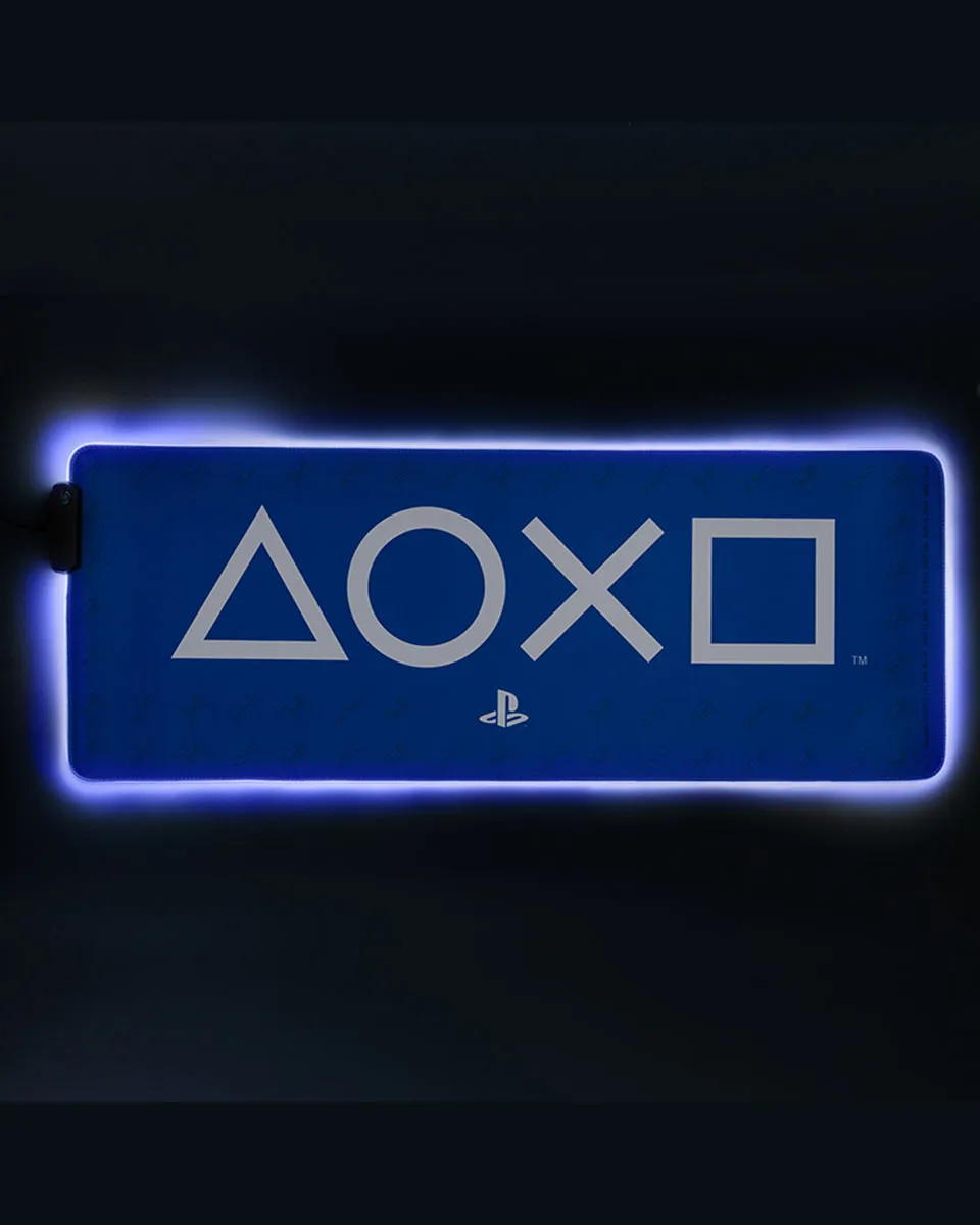 Paladone PlayStation Light Up Desk Mat with illuminated blue edge and PlayStation controller symbols