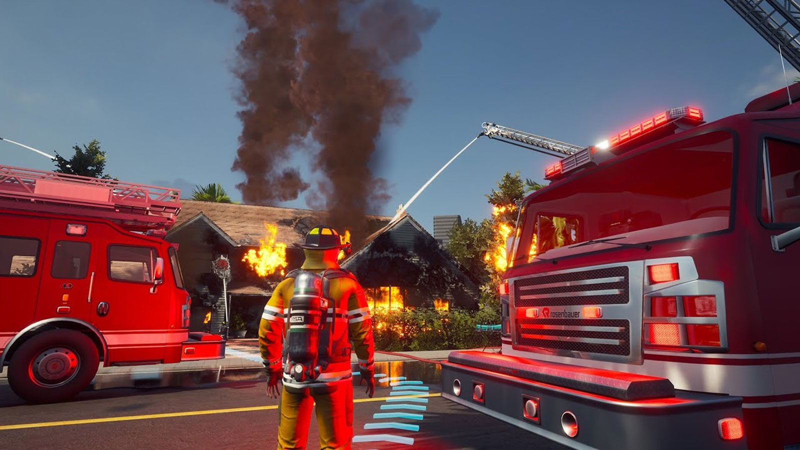 Firefighter and Rosenbauer fire engines responding to a burning building in Firefighting Simulator The Squad