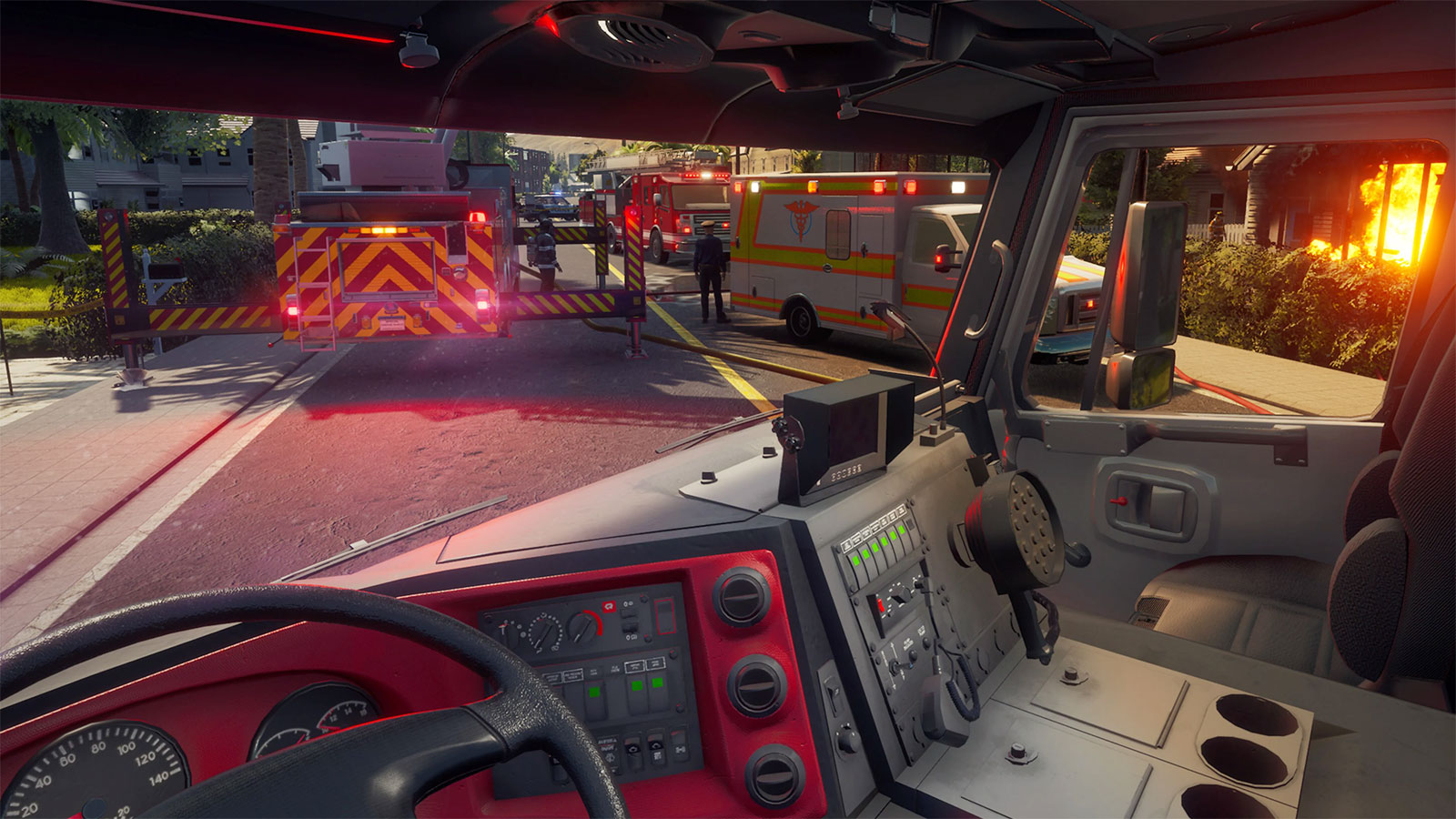 View from inside a fire engine arriving at an emergency scene in Firefighting Simulator The Squad