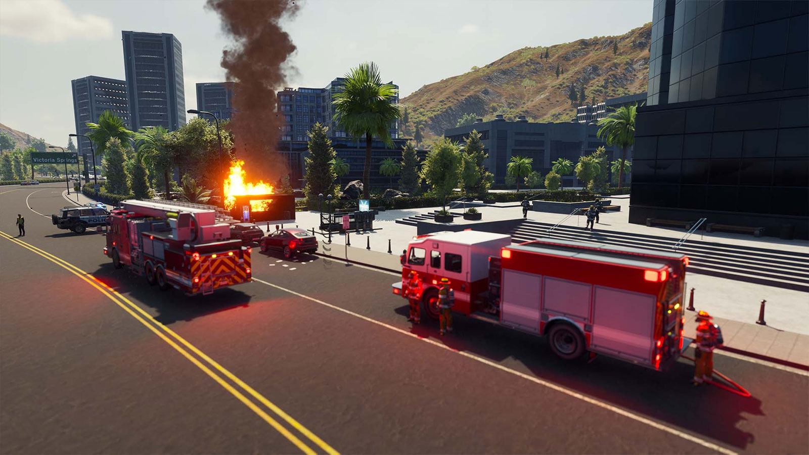 Multiple fire engines responding to an emergency in the city in Firefighting Simulator The Squad
