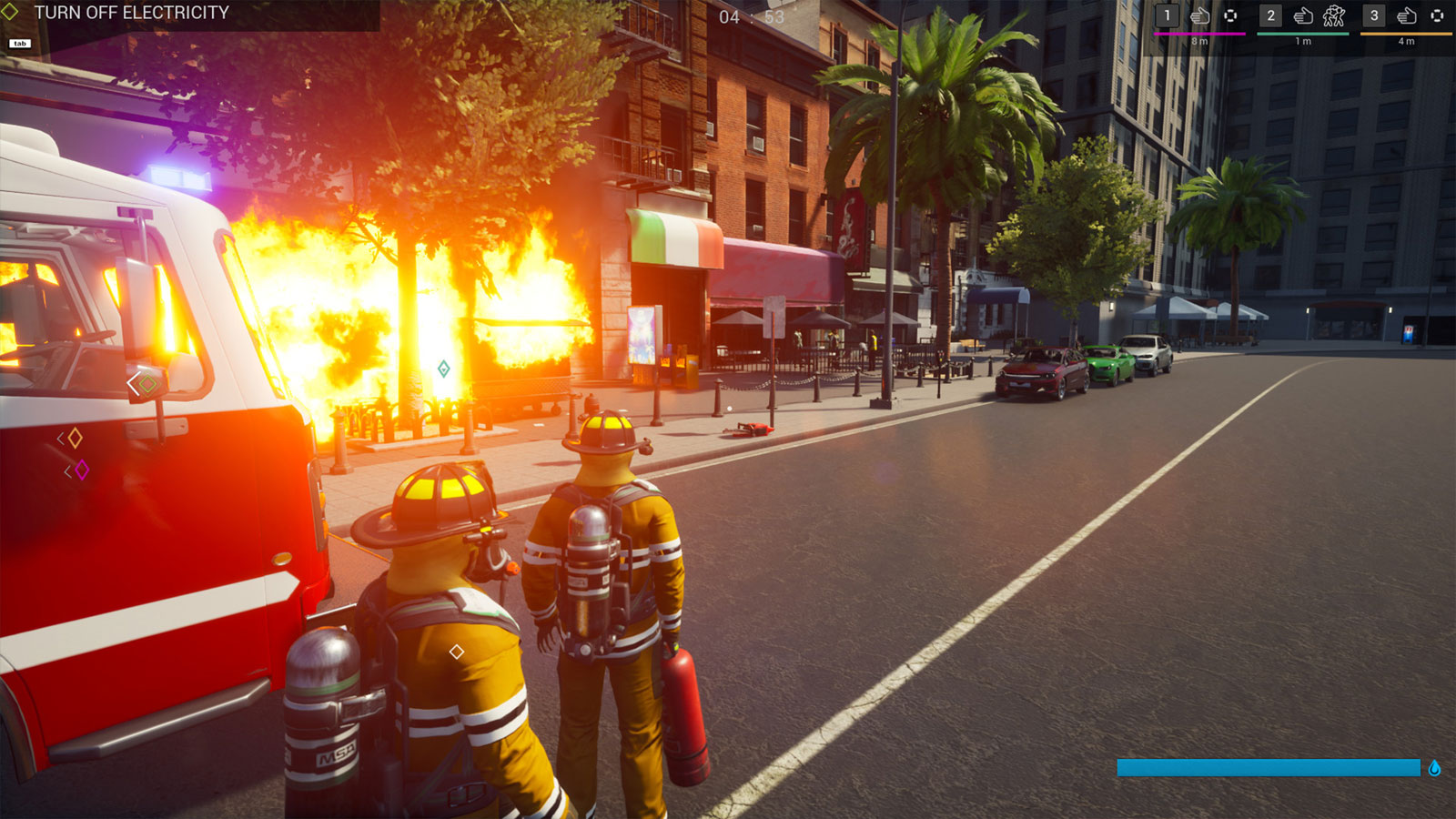 Firefighting squad preparing to tackle a burning building in Firefighting Simulator The Squad