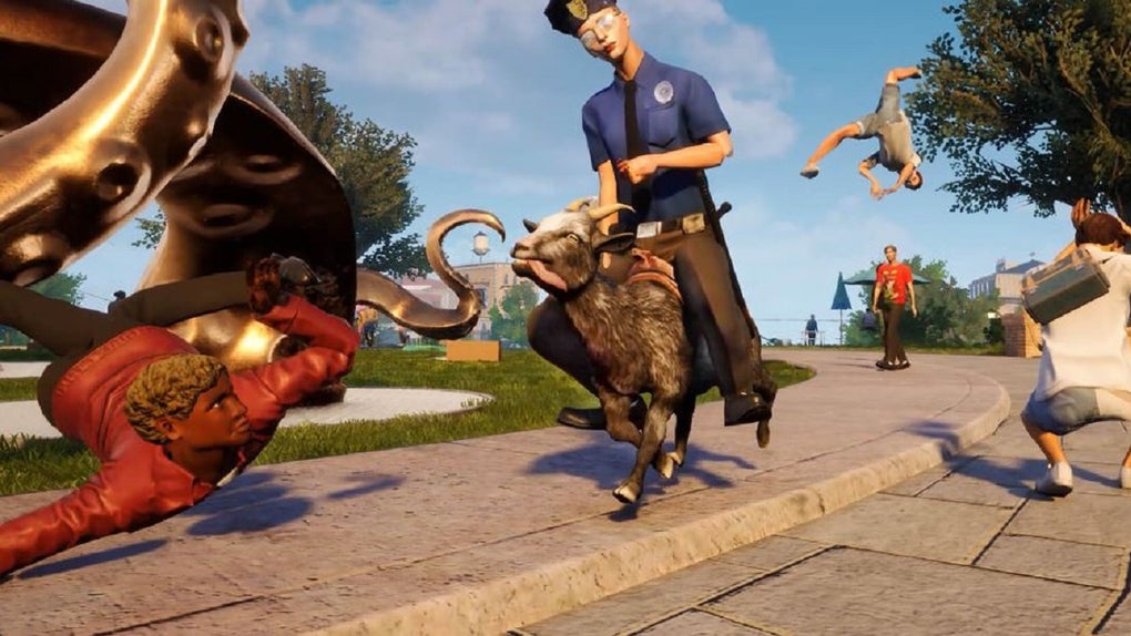 Goat Simulator 3 gameplay featuring Pilgor causing chaos in San Angora